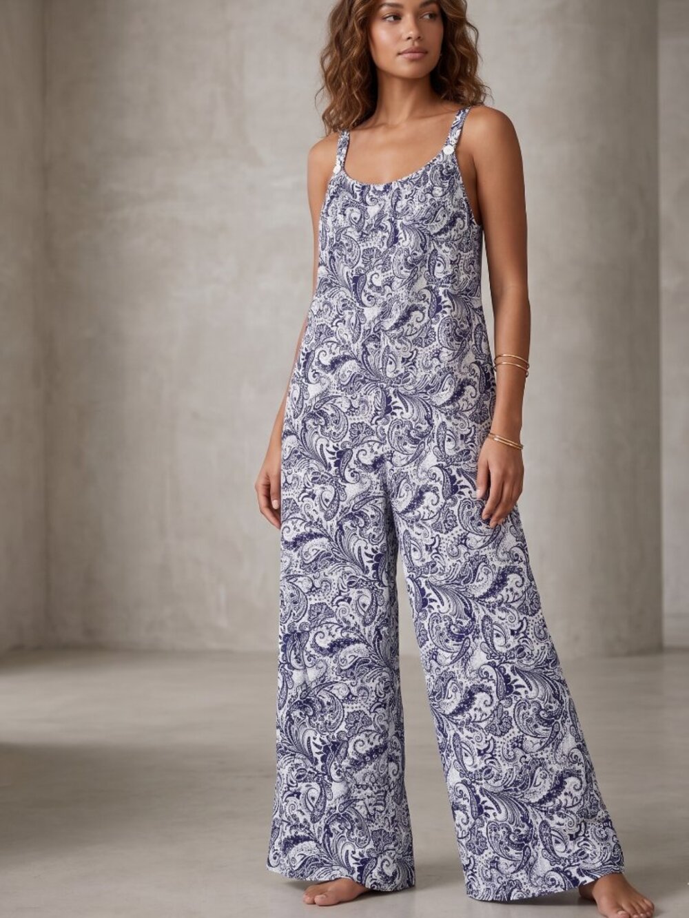 NWOT | Navy & White Paisley Print Wide Leg Jumpsuit Romper Pockets Medium